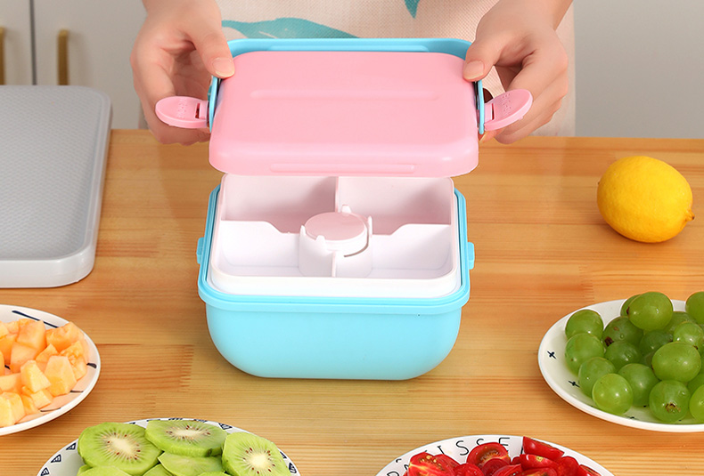 1200 ml salad bowl lunch box with 3-tier design in dusty blue and rose