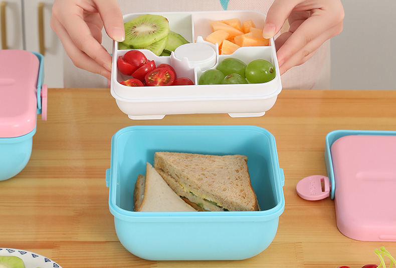 1200 ml salad bowl lunch box with 3-tier design in dusty blue and rose