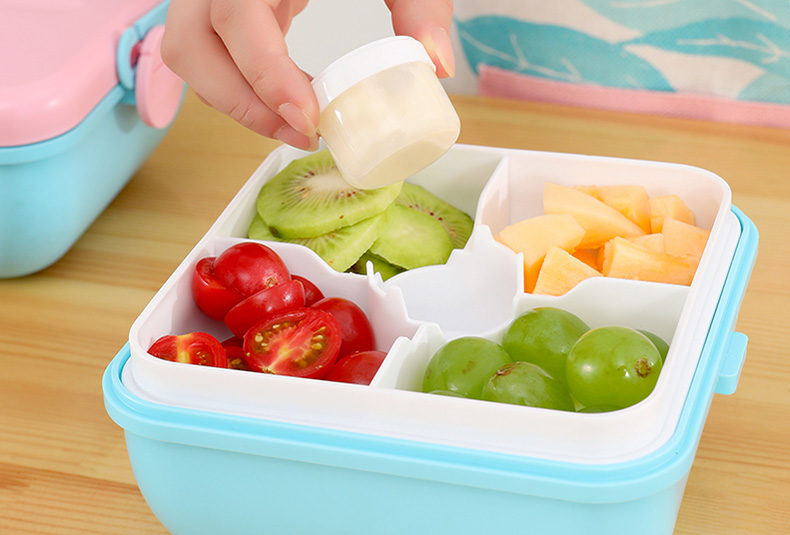 1200 ml salad bowl lunch box with 3-tier design in dusty blue and rose