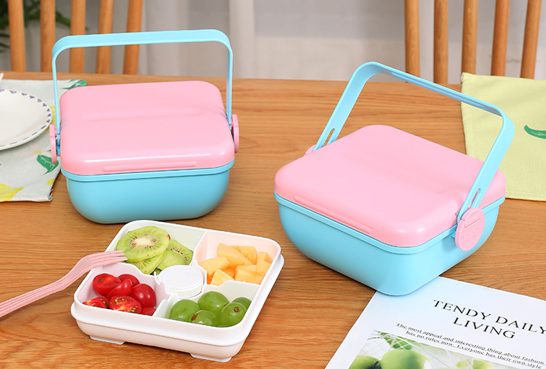 1200 ml salad bowl lunch box with 3-tier design in dusty blue and rose