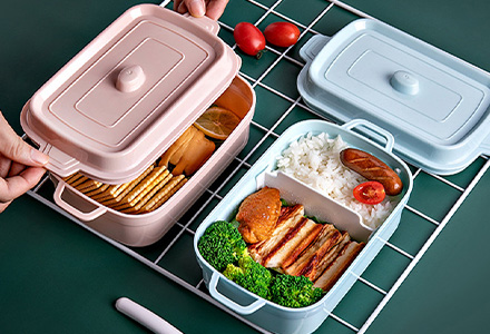 1200 ml salad bowl lunch box with 3-tier design in dusty blue and rose