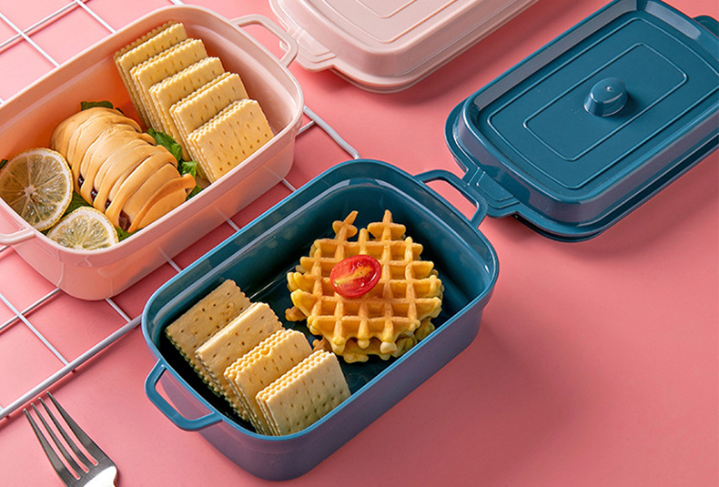 1200 ml salad bowl lunch box with 3-tier design in dusty blue and rose