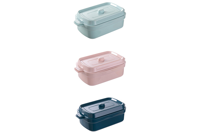 1200 ml salad bowl lunch box with 3-tier design in dusty blue and rose