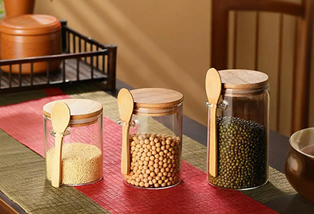 WISHOME Borosilicate Glass Storage Jar with Bamboo Lid & Hanging Wooden Spoon Main Product Image
