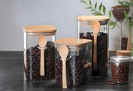 WISHOME Square Borosilicate Glass Storage Jar with Bamboo Lid & Hanging Spoon Main Product Image