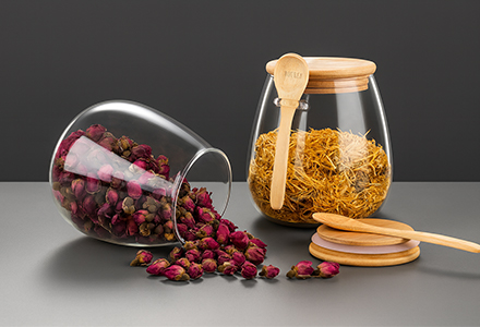 WISHOME Oval Borosilicate Glass Storage Jar with Bamboo Lid & Hanging Spoon Main Product Image