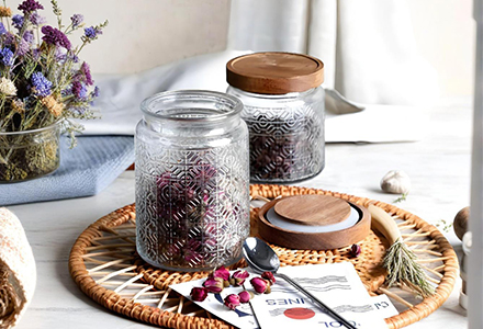 WISHOME Retro Embossed Glass Storage Jar with Bamboo Lid Main Product Image