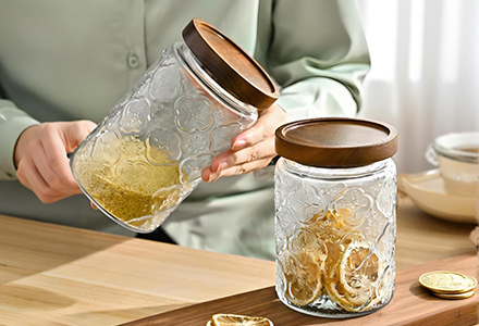 WISHOME Retro Embossed Glass Storage Jar with Bamboo - Wood Lid Main Product Image