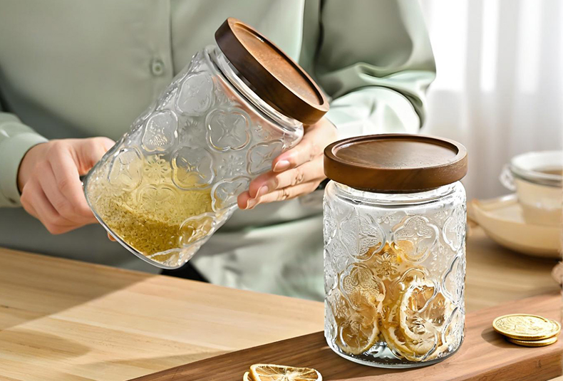 WISHOME Retro Embossed Glass Storage Jar with Bamboo - Wood Lid Main Product Image