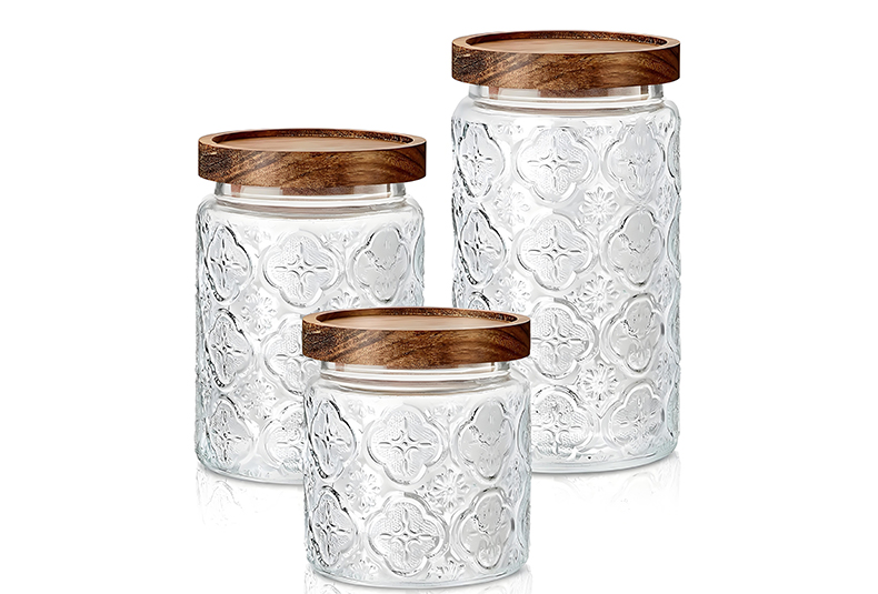 WISHOME Retro Embossed Glass Storage Jar with Bamboo - Wood Lid Main Product Image