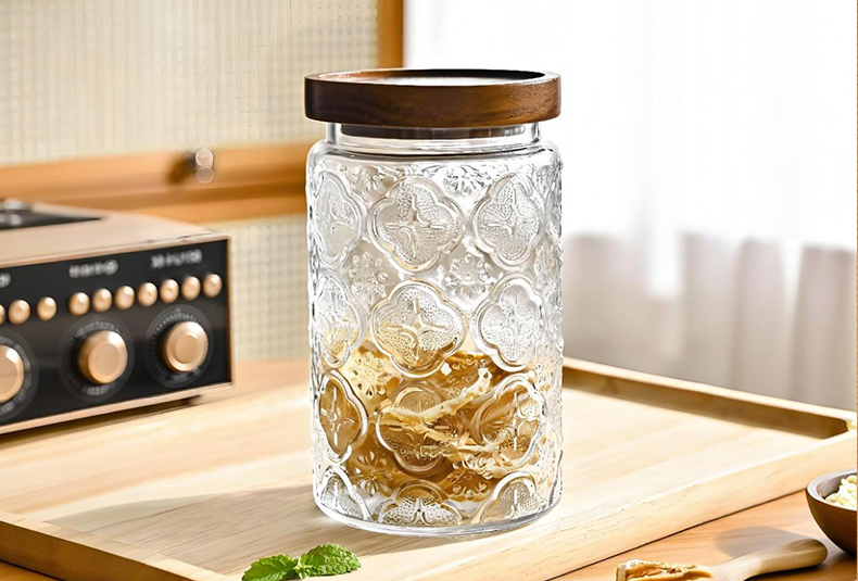 WISHOME Retro Embossed Glass Storage Jar with Bamboo - Wood Lid Main Product Image