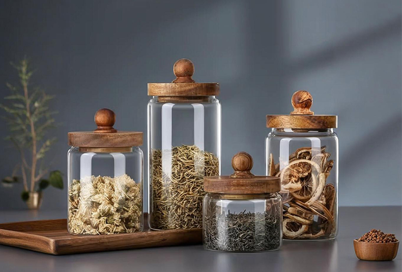 WISHOME Acacia Wood Knob Glass Storage Jar Main Product Image