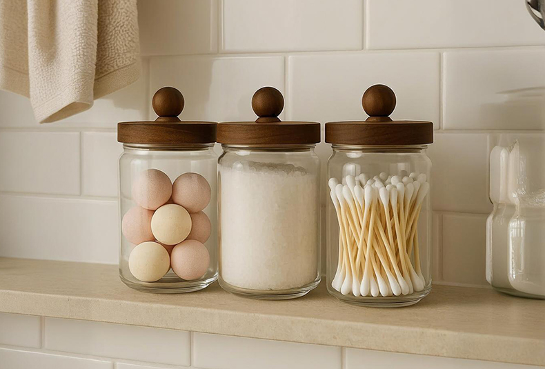 WISHOME Acacia Wood Knob Glass Storage Jar Main Product Image