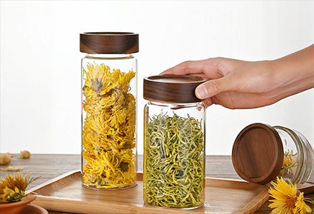 WISHOME Acacia Wood Threaded Glass Storage Jar Main Product Image
