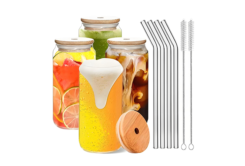 WISHOME 4-Piece Cola Glass Set with Bamboo Lid & Straws Main Product Image