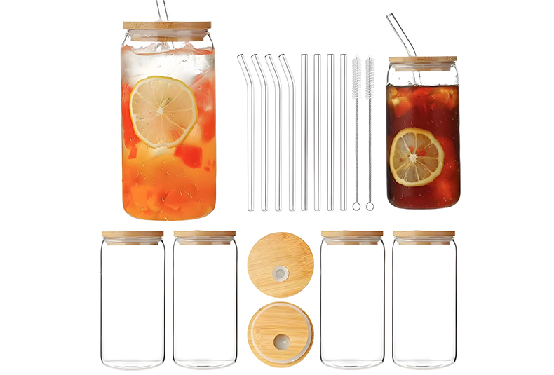 WISHOME 4-Piece Cola Glass Set with Bamboo Lid & Straws Main Product Image