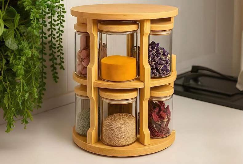 WISHOME Bamboo Rotating Spice Rack with Glass Jars Main Product Image