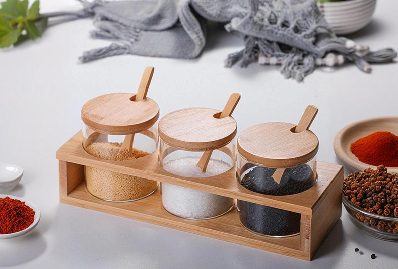 WISHOME 3 - Piece Round Seasoning Jar Set with Bamboo Lid & Spoon Main Product Image