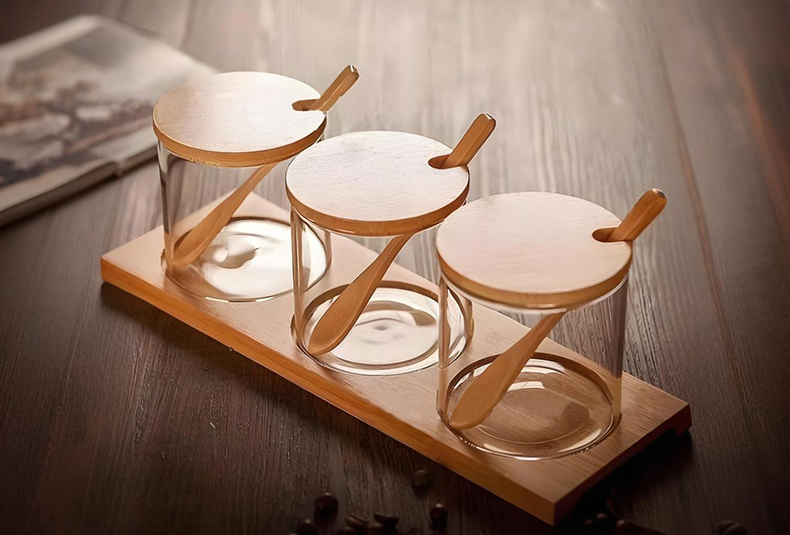 WISHOME 3 - Piece Round Seasoning Jar Set with Bamboo Lid & Spoon Main Product Image