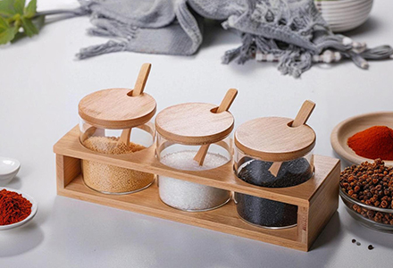 WISHOME 3 - Piece Round Seasoning Jar Set with Bamboo Lid & Spoon Main Product Image