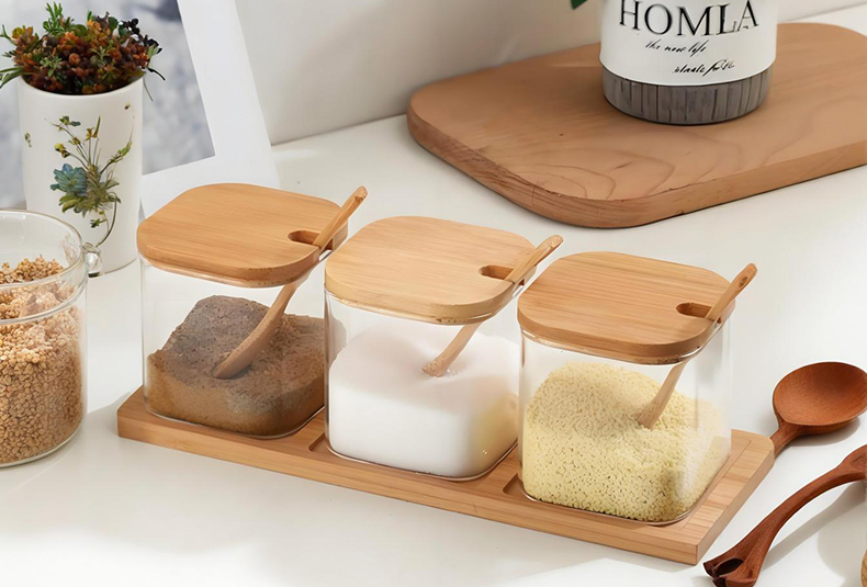 WISHOME 3 - Piece Square Seasoning Jar Set with Bamboo Wood Lid & Spoon Main Product Image