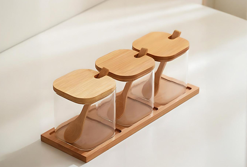 WISHOME 3 - Piece Square Seasoning Jar Set with Bamboo Wood Lid & Spoon Main Product Image