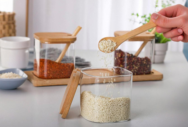 WISHOME 3 - Piece Square Seasoning Jar Set with Bamboo Wood Lid & Spoon Main Product Image