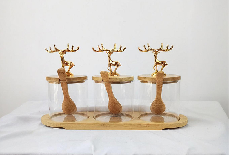 WISHOME 3 - Piece Round Seasoning Jar Set with Golden Deer Topper Main Product Image