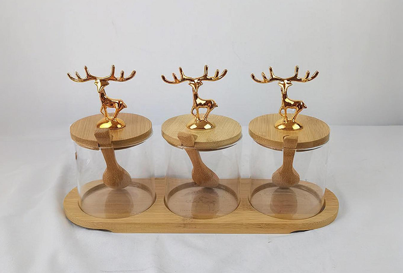 WISHOME 3 - Piece Round Seasoning Jar Set with Golden Deer Topper Main Product Image