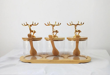 WISHOME 3 - Piece Round Seasoning Jar Set with Golden Deer Topper Main Product Image