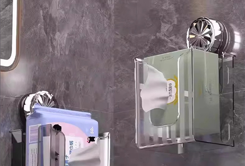Transparent PET suction cup tissue box holder mounted on wall, no-drill flip-top tissue storage for kitchen and bathroom