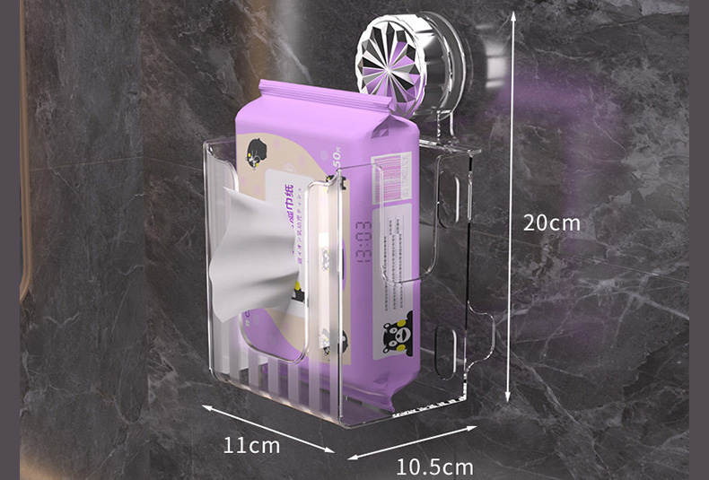 Transparent PET suction cup tissue box holder mounted on wall, no-drill flip-top tissue storage for kitchen and bathroom
