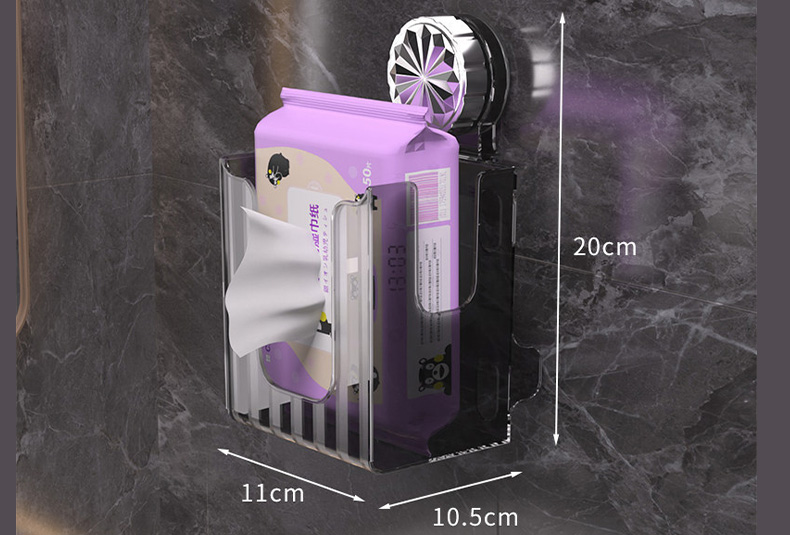 Transparent PET suction cup tissue box holder mounted on wall, no-drill flip-top tissue storage for kitchen and bathroom