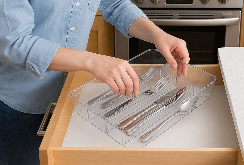 Grabbing cutlery from a PET drawer organizer box in the kitchen