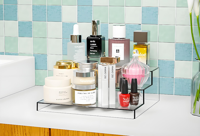 hree layer spice rack on kitchen counter keeping condiments sorted and within reach