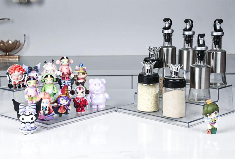 hree layer spice rack on kitchen counter keeping condiments sorted and within reach