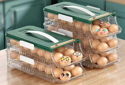 Stackable egg storage box with secure slots for fridge organization