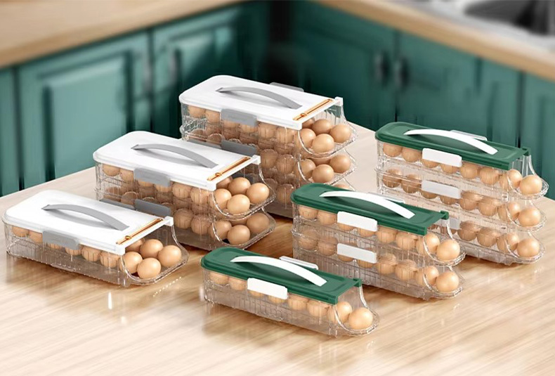 Stackable egg storage box with secure slots for fridge organization