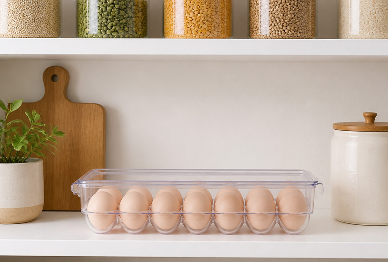 Stackable egg storage box with secure slots for fridge organization
