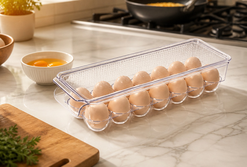 Stackable egg storage box with secure slots for fridge organization