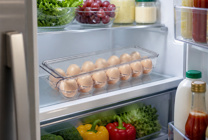 Stackable egg storage box with secure slots for fridge organization